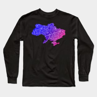Colorful mandala art map of Ukraine with text in blue and violet Long Sleeve T-Shirt